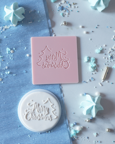 Świąteczny stempel dekoracyjny do masy cukrowej - napis Merry Christmas z choinką