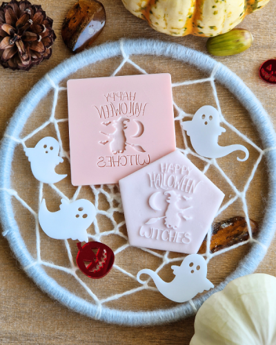 Dekoracyjny stempel na Halloween do masy cukrowej - napis Happy Halloween Withes