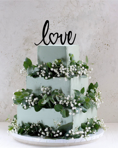 Topper ślubny na tort - napis love z serduszkiem. Piękny topper ślubny na tort z napisem love