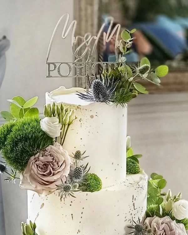 Topper ślubny na tort - napis Mr&amp;Mrs z nazwiskiem
