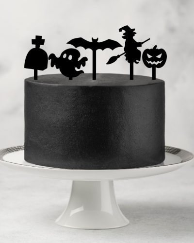 Komplet halloweenowych topperów  dekorów - nagrobek, duszek, nietoperz, wiedźma, straszliwa dynia.png