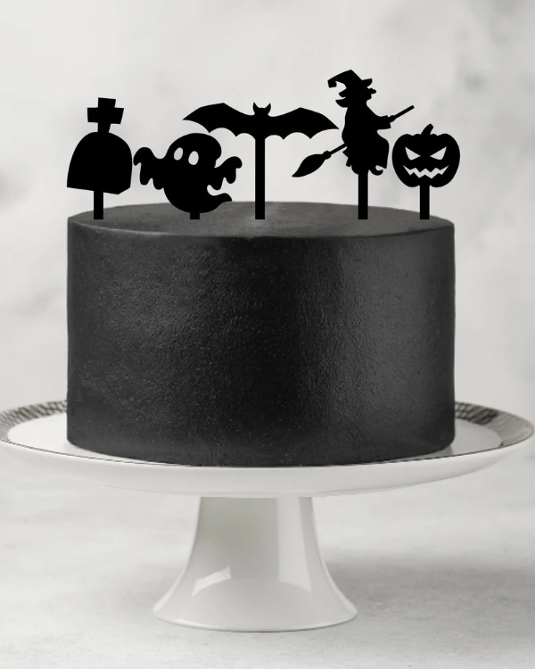Komplet halloweenowych topperów  dekorów - nagrobek, duszek, nietoperz, wiedźma, straszliwa dynia.png