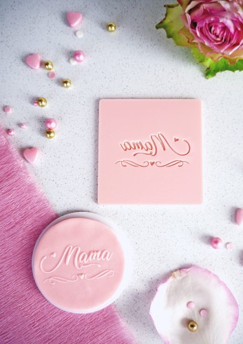 Dekoracyjny stempel na ciasta / babeczki - napis Mama z serduszkami na Dzień mamy