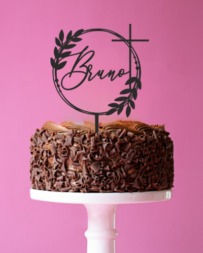 Cake Topper / Tortendekoration zur Erstkommunion und Konfirmation „Name + Blätterkranz + Kreuz“