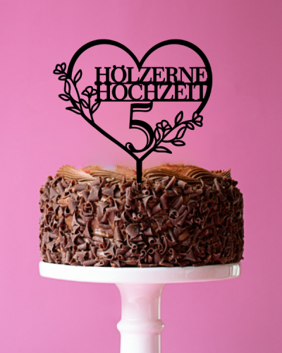 Cake Topper / Tortendekoration „Hölzerne Hochzeit 5“ im Herzring