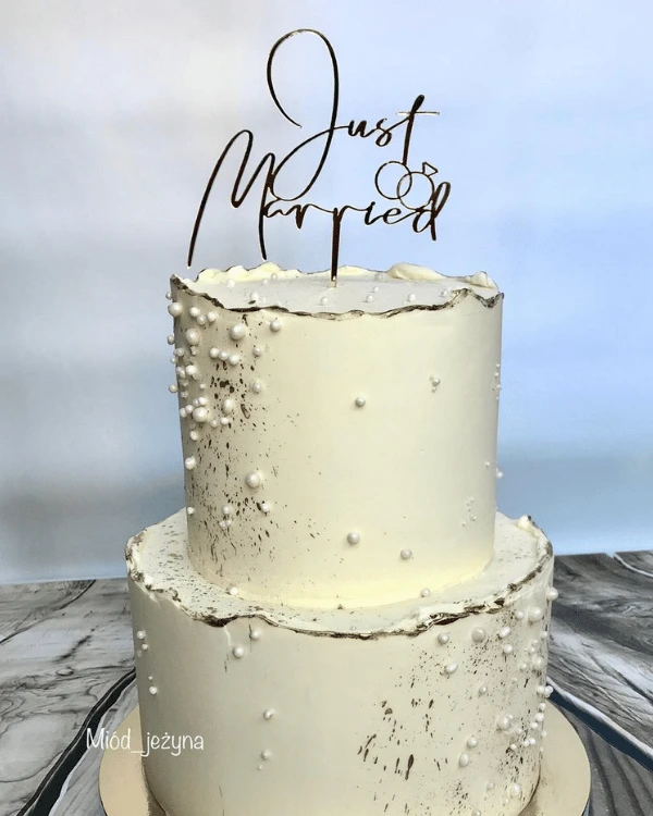 Topper ślubny na tort - napis Just Married z obrączkami