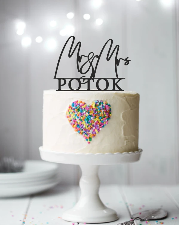 Topper ślubny na tort - napis Mr&amp;Mrs z nazwiskiem