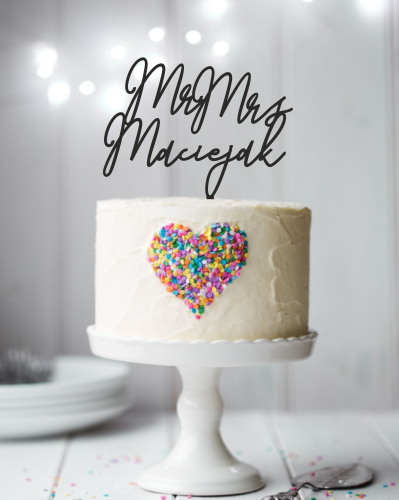 Topper ślubny na tort - napis Mr&amp;Mrs z nazwiskiem