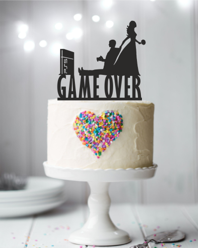Topper ślubny na tort - Para młoda + napis Game Over z konsolą